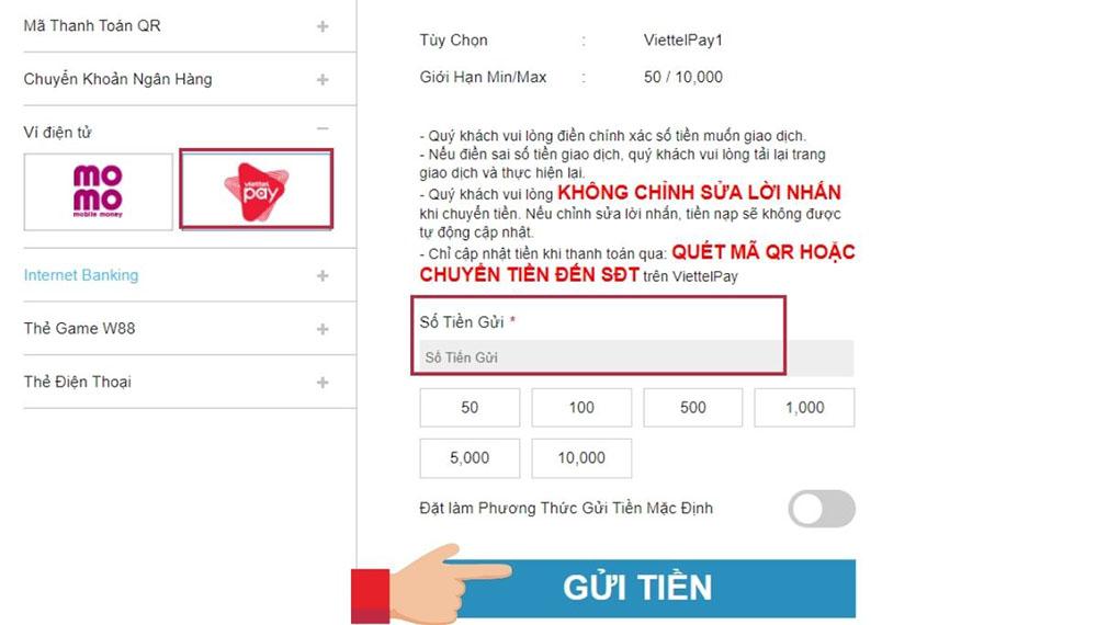 Khi nhấp vào nút nạp tiền 333win, hệ thống sẽ chuyển bạn đến trang nạp tiền của ViettelPay